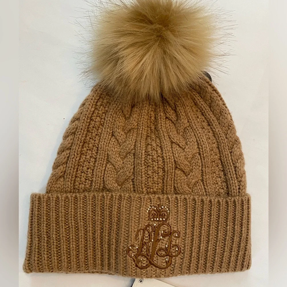 Lauren Ralph Lauren Tan Logo Direct Embroidery & Stones Cable knit Hat Beanie - Picture 2 of 3